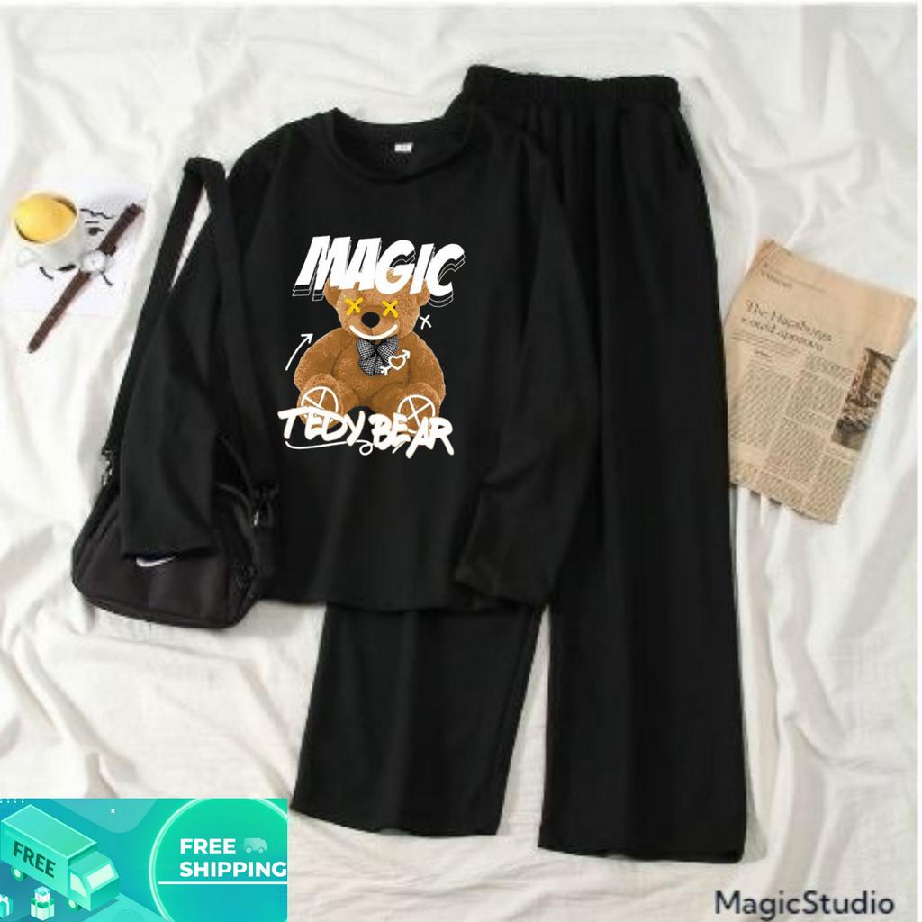 JBF Paket Promo Setelan Motif Terlaris Magic Teddy Bear Size M - L Atasan Baju Lengan Panjang Dan Celana Kulot