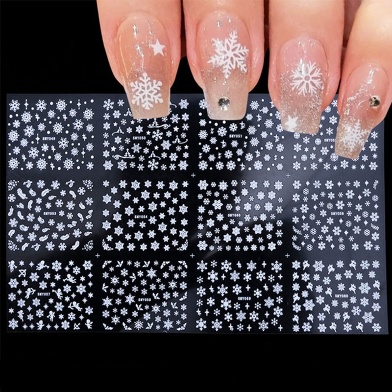 12 Lembar Stiker Kuku Desain Snowflake Natal 3D Untuk Dekorasi Nail Art