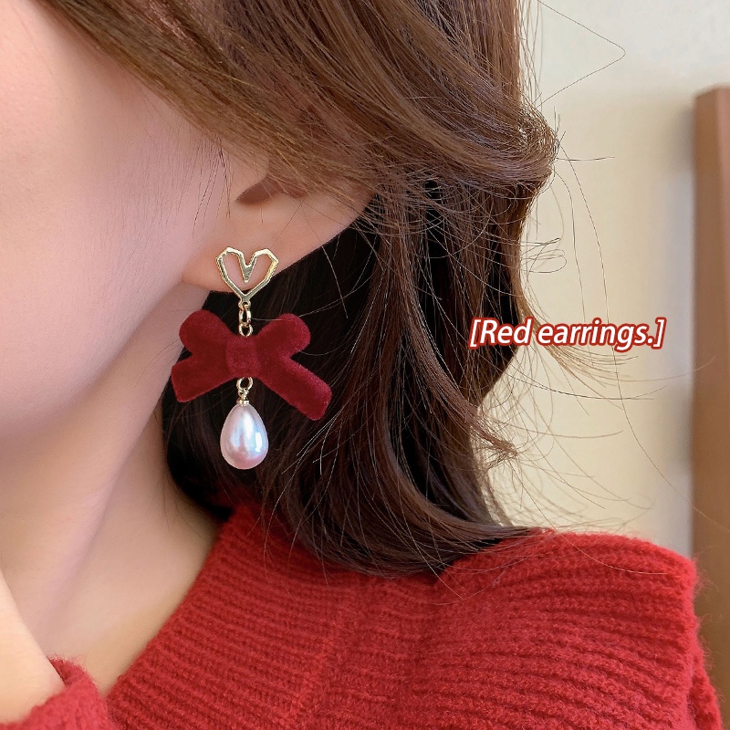 Set Anting Stud Mutiara Warna Merah Gaya Retro Untuk Wanita