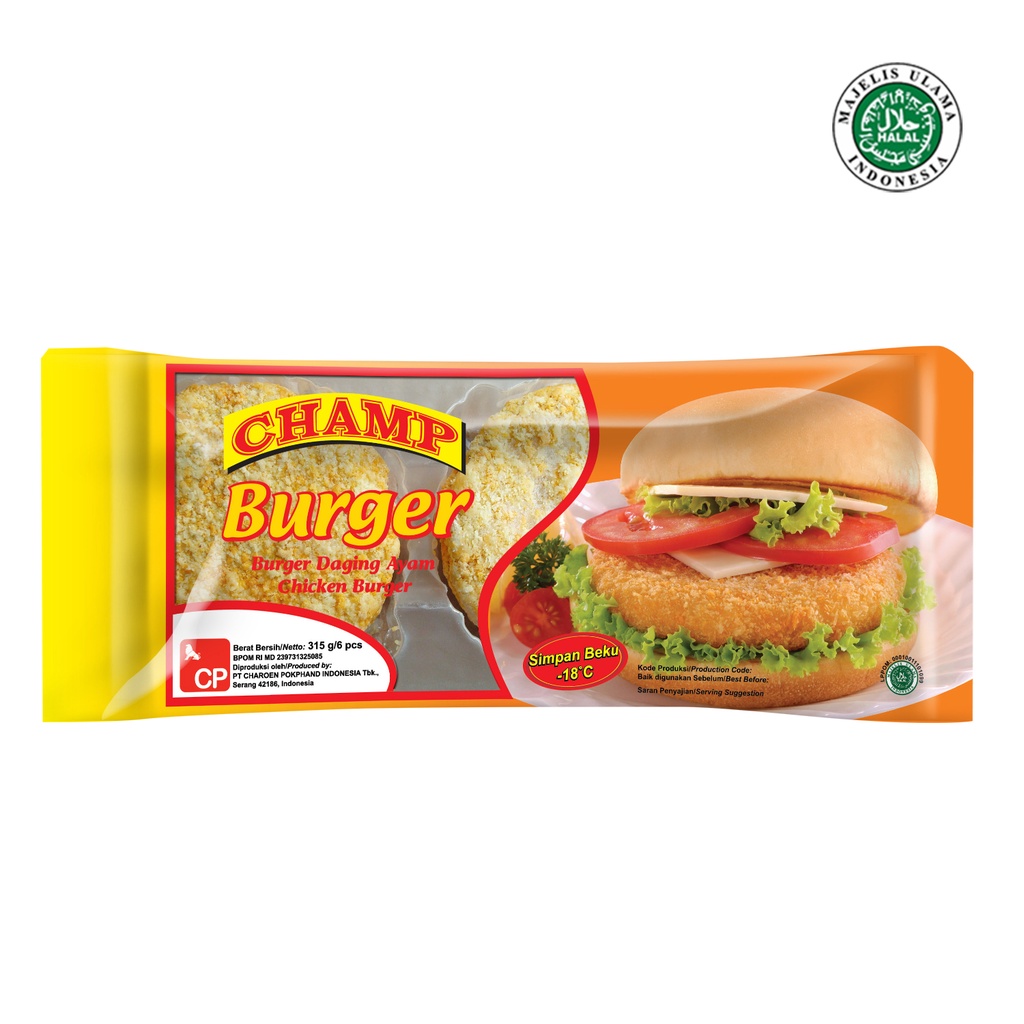 Champ Burger 315gr Halal, Burger Daging Ayam, (isi 6 pcs)