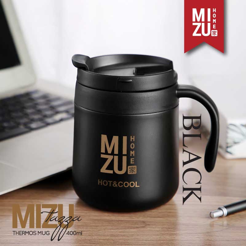 MIZU TAZZA Thermos Mug 400ml Hot & Cold Drinks 304 Stainless Steel Tumbler Cangkir Termos Stenles-BLACK hitam
