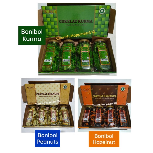 

1 Kotak Isi 4 Toples D'KING Bonibol Cokelat Kurma, Cokelat Peanuts (Kacang) dan Hazelnut