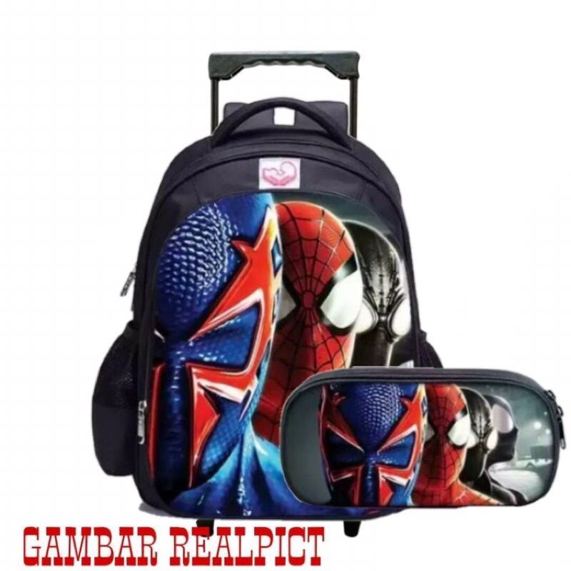 Tas Ransel Troli Anak Karakter Superhero/ Tas Ransel Trolley Dorong Anak Laki-laki Free Pouch [BISA COD]