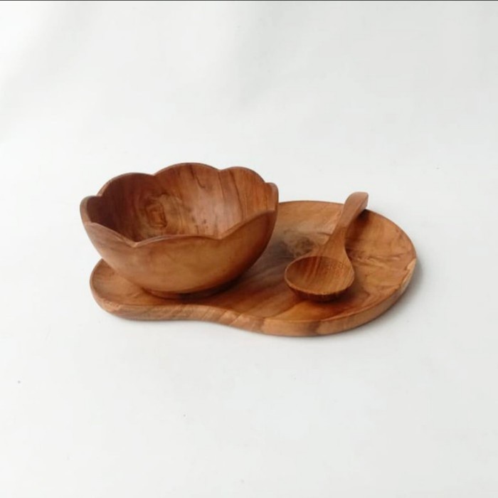 Himeka Peralatan Makan Set Piring + Mangkok + Sendok Bahan Kayu Jati
