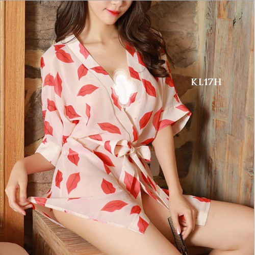 [PALING LARIS] LINGERIE SEXY BAJU TIDUR KIMONO LINGERIE KIMONO CREAM MOTIF KISS KL17H