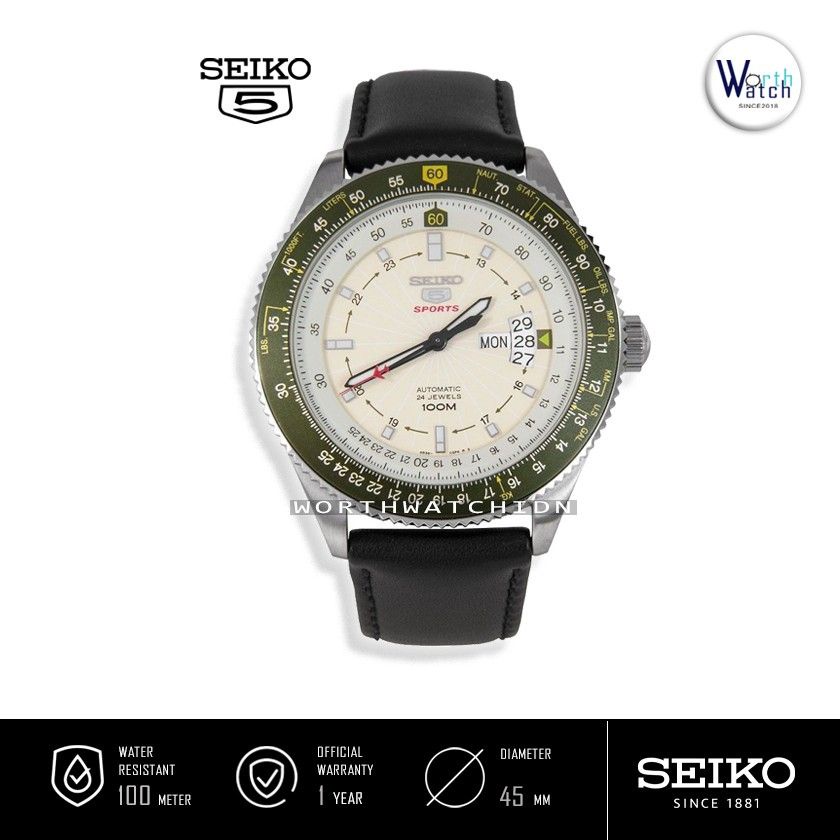 Jam Tangan Pria Otomatis Seiko 5 Sports Automatic Pilot Black Leather Original SRP-615-K1