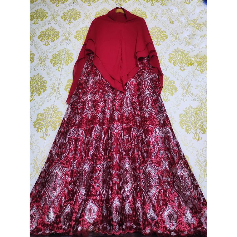 SET GAMIS SYARI BAJU LEBARAN MUSLIM PESTA MEWAH CERUTY TILE BORDIR BROKAT JUMBO BUSUI KHIMAR PET ORI