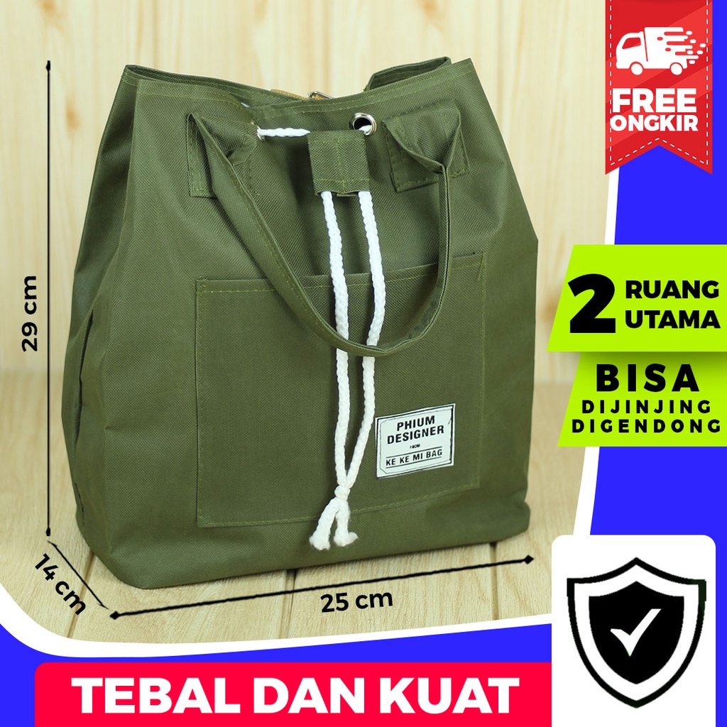 Tas 2in1 Jinjing Ransel Serut Hijau Army Fashion Wanita OOTD Kekinian Korean Style Cewek Trendy Kece