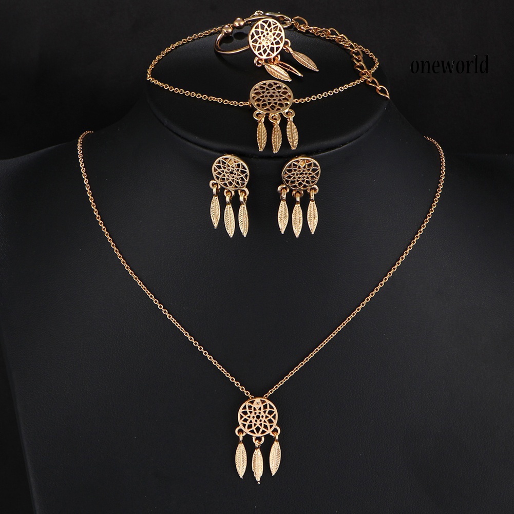 OW@ Hollow Dream Catcher Tassel Necklace Earrings Ring Bracelet Women Jewelry Set