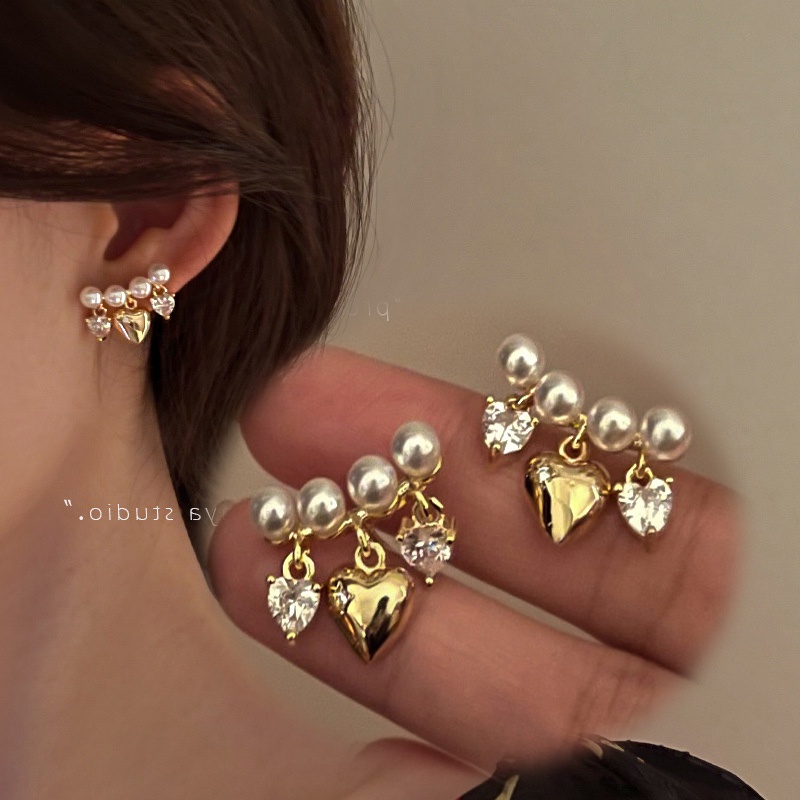 Anting Stud Panjang Desain Bunga Mutiara Silang Geometris Gaya Korea