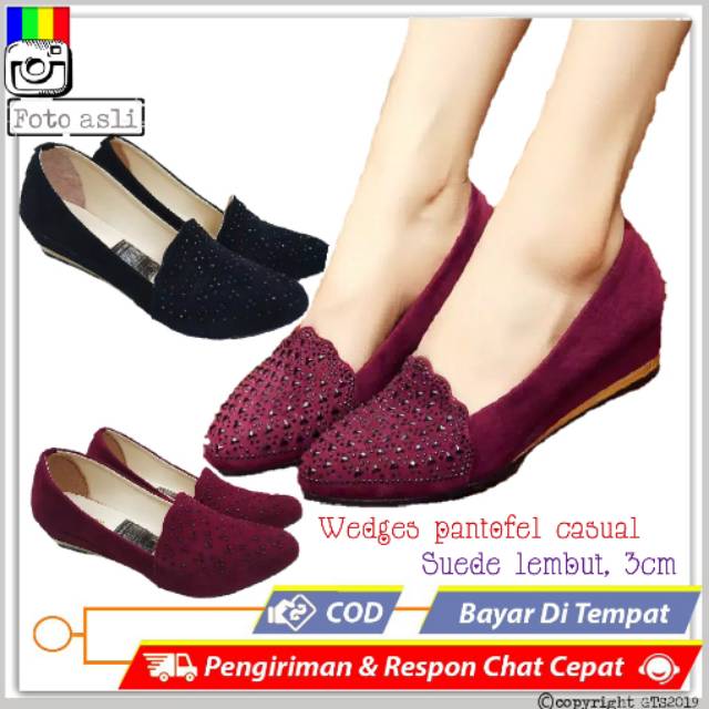 JS900 - SEPATU WEDGES WANITA CASUAL KERJA KULIAH SANTAI HARIAN SUEDE LEMBUT HAK 3CM SEPATU TERBARU