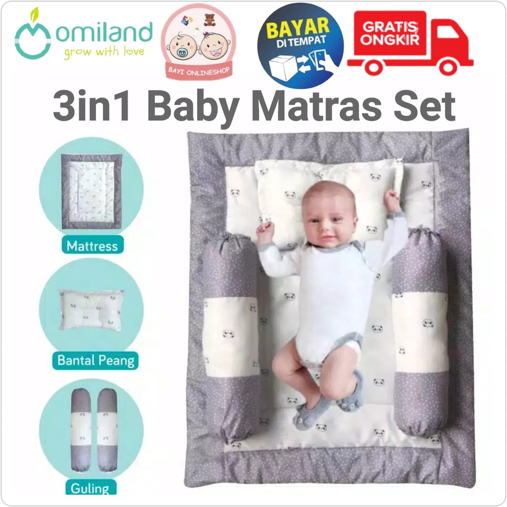 Omiland Baby Mattress set Panda  Perlengkapan  Tidur Bayi Matras Bantal Bayi Guling Set Abu OWM3141