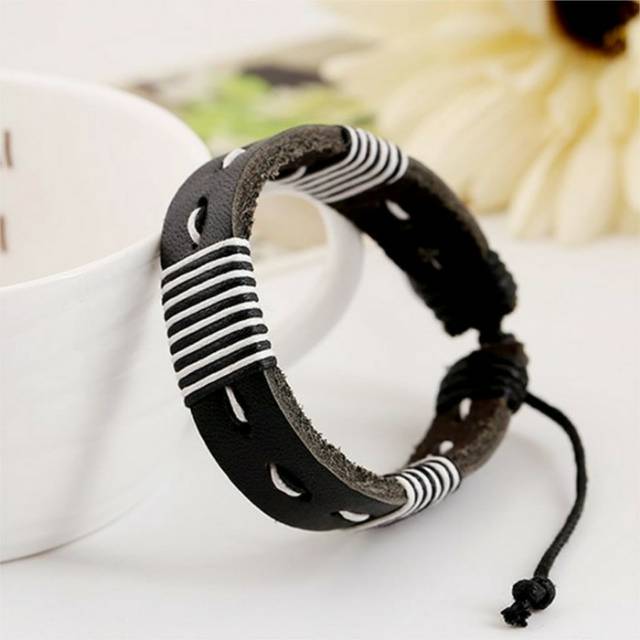 Gelang Pria Monochrome Hitam Putih Tali Leather Bracelet