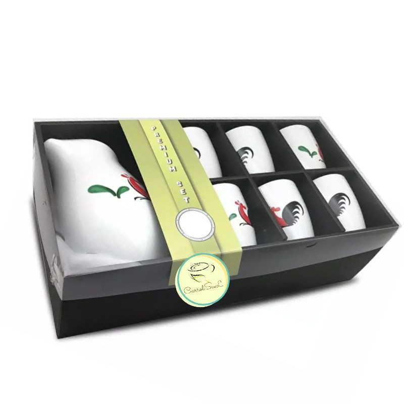 Teko Set 1 Water Jug + 6 Gelas Keramik Motif Ayam Jago | Paket Souvenir Gift KOPIN