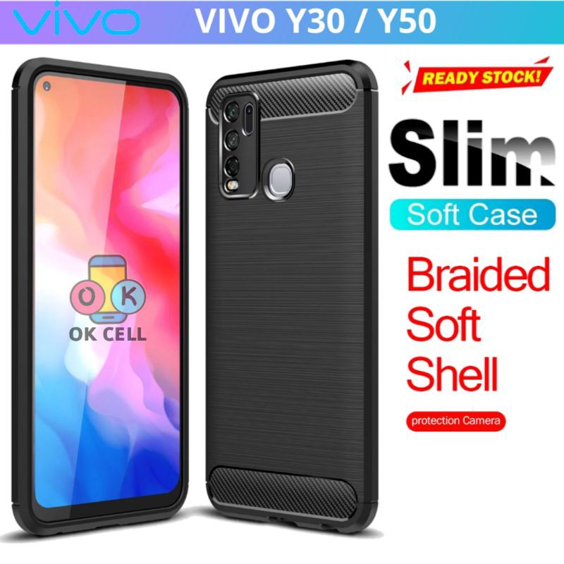 Softcase Carbon Slim Fit Fiber Hitam Vivo Y30.Y50 Case Rugged Armor Back Cover Vivo Y50 Y30 Premium