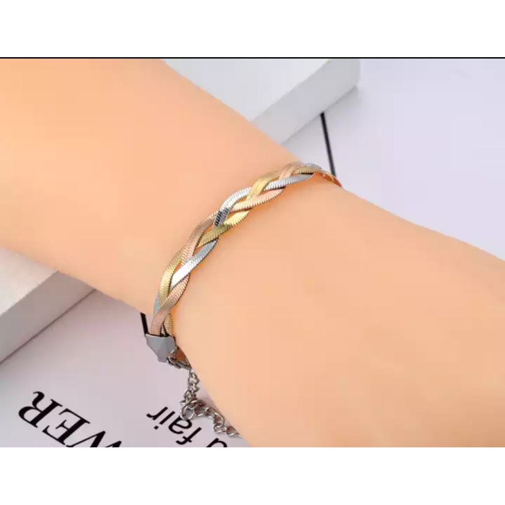 Gelang Titanium Rajut Belut Gepeng Motif Kombinasi Warna Resegold Gold Silver