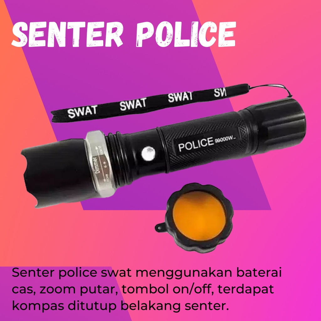 (PROMO GROSIR) TERBARU SENTER POLICE TITANIUM GREY + FILTER ,KOMPAS | SWAT LED TERANG