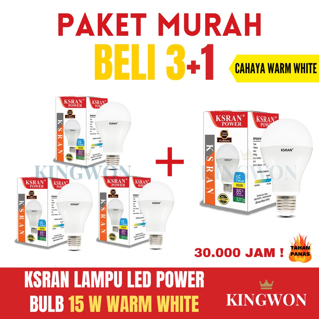 KSRAN Lampu LED 15 watt POWER - (PAKET BELI 3 GRATIS 1) BUNDLE