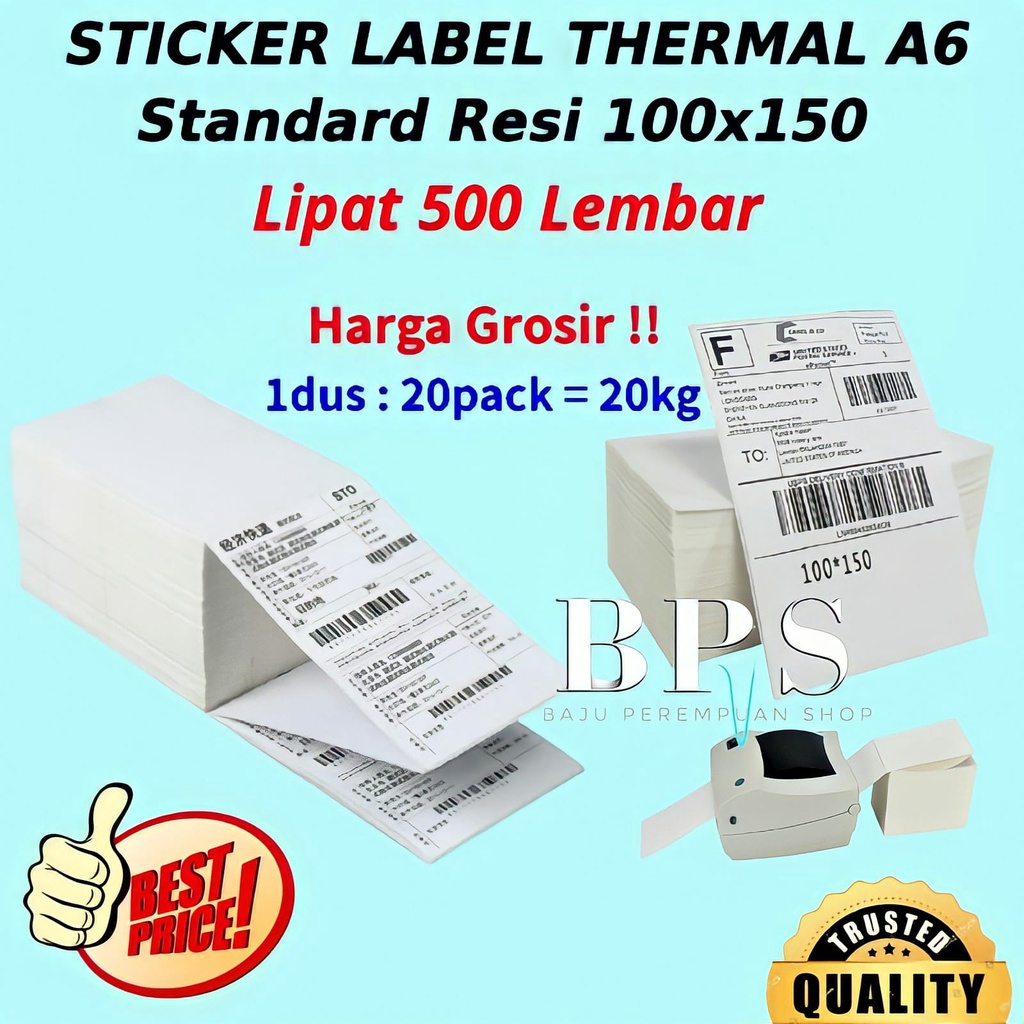 GROSIR Kertas Thermal Label Sticker Barcode 100x150 ROLL 350pcs LIPAT 500lbr ukuran A6/Stiker Termal Tanpa Ribbon