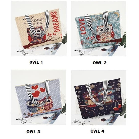 TAS SELEMPANG KANVAS WANITA SLING BAG TOTEBAG TOTE BAG TAS BELANJA KAMPUS BURUNG HANTU OWL