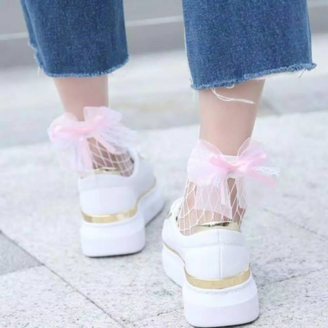 Kaos kaki ankle bahan lace mesh dengan pita import