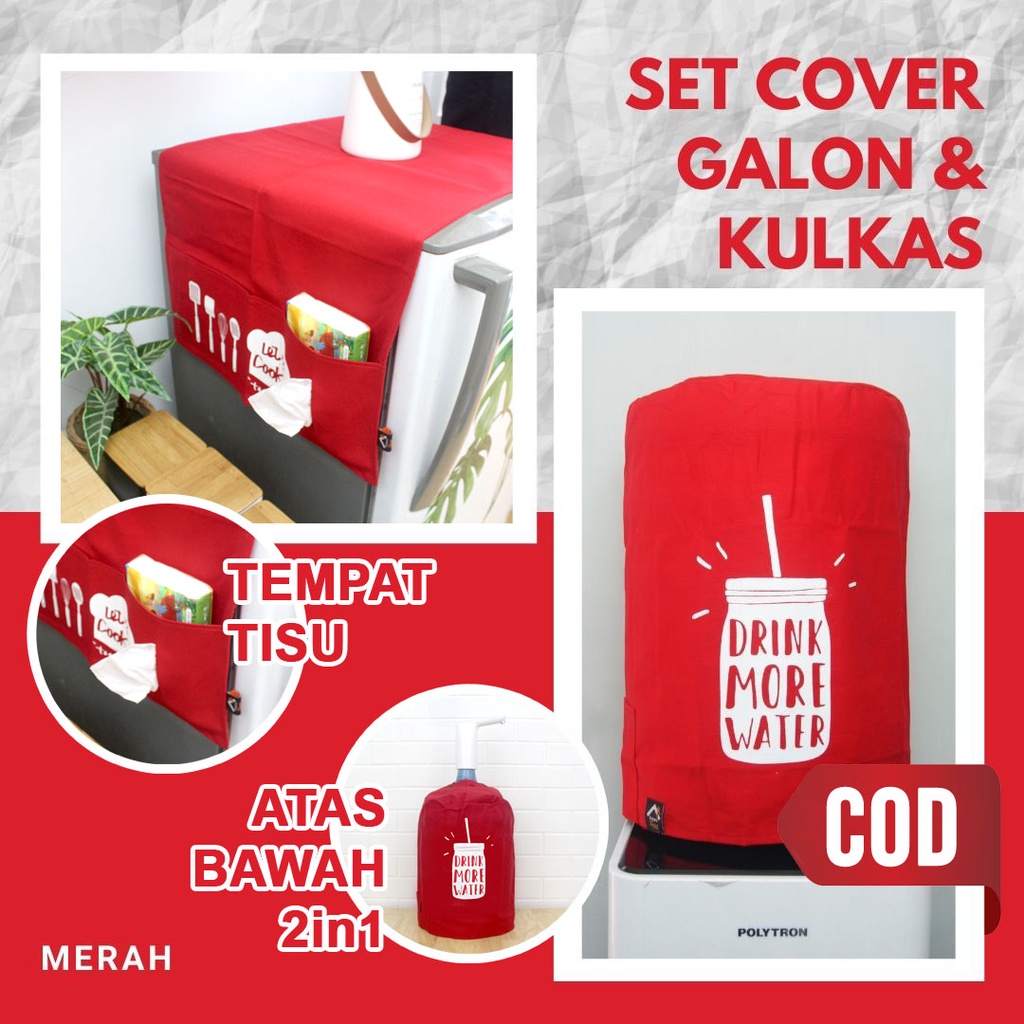 PAKET LEBIH MURAH - Cover Galon &amp; Cover Kulkas Warna Merah (Paket Polos-01)