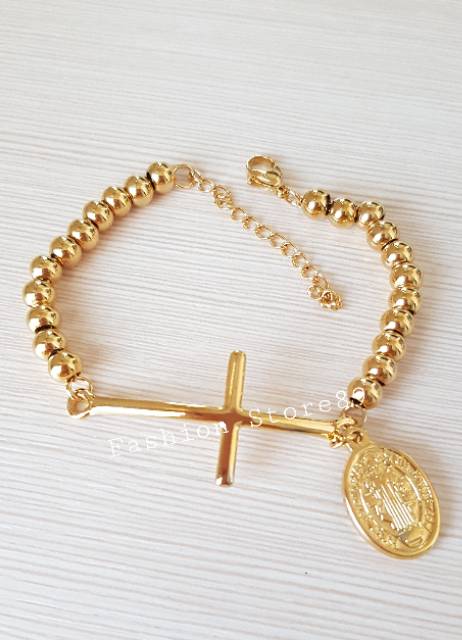 Gelang Rosario Bunda Maria dan Santo Benediktus kombinasi Salib Rantai Butir 6mm gold titanium antikarat fashion rohani pria wanita