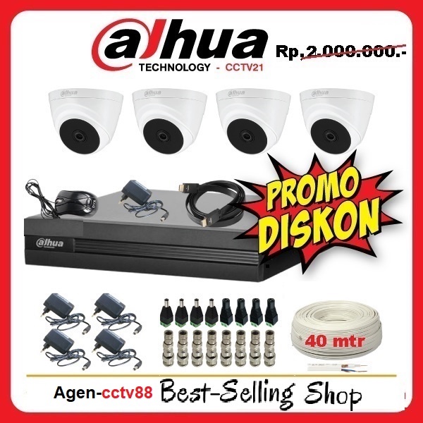 Paket Lengkap 4 Kamera CCTV DAHUA 2MP+DVR+Kabel-40M+KB-HDMI+KB=LAN+Free-Tas Batik