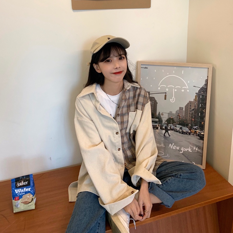 Kemeja Wanita Corduroy Atasan Lengan Panjang Kotak-kotak Blouse Korea Style Oversize Shirt