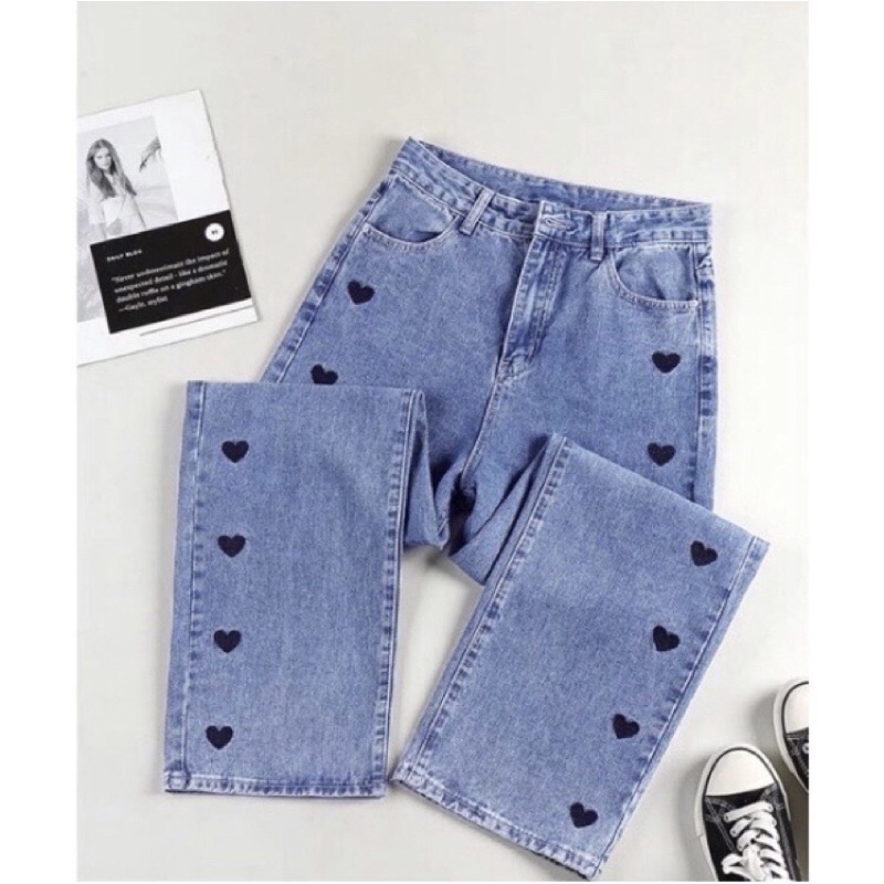 Celana Kulot Jeans Love Bordir-Kulot Jeans Bordir Love High Waist