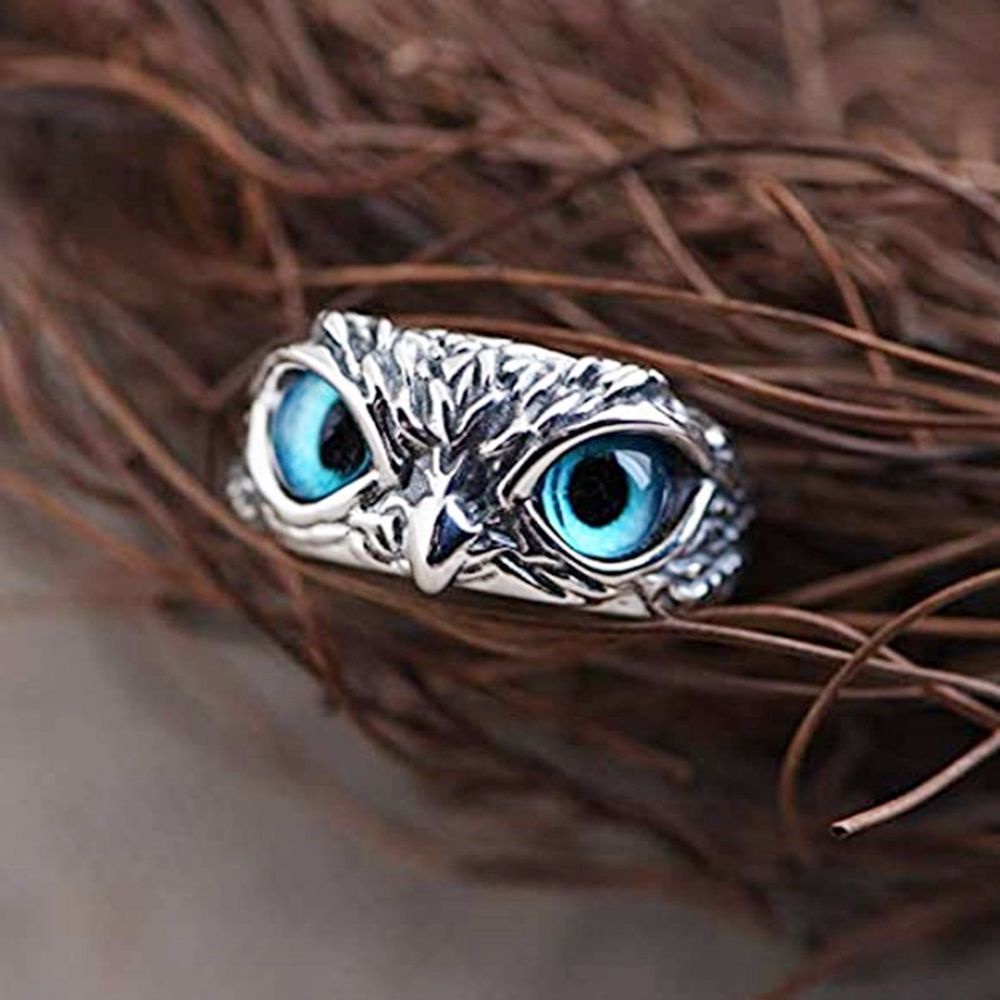 Needway  Simple Owl Ring Punk Korean Style Ring Opening Ring Blue Eyes Animal Cool Retro Girl Width Female Rings/Multicolor