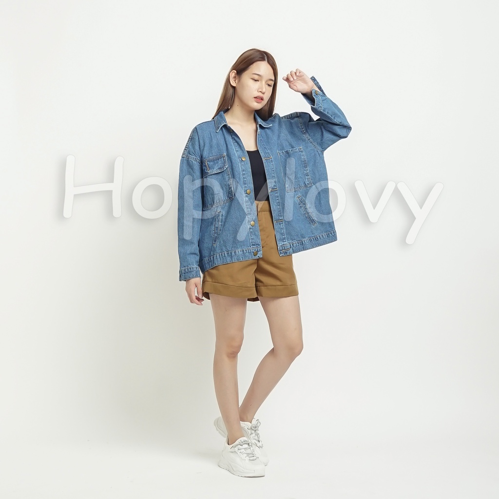 Jaket Jeans Wanita | jaket Jeans Oversize | Pocket Printing Denim Jacket Izzi - HOPYLOVY