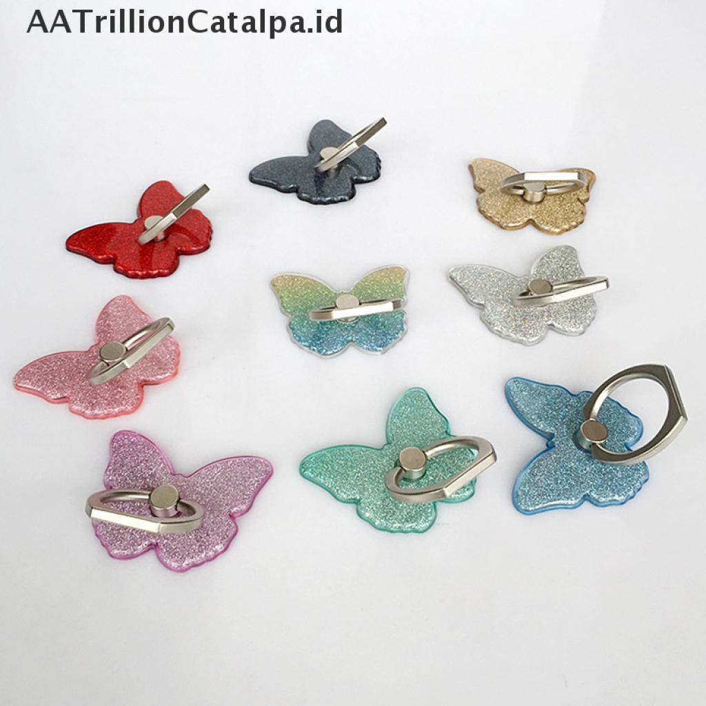 (AATrillionCatalpa) Ring Stand holder Hp Universal Bentuk Kupu-Kupu Aksen Glitter Bisa Berputar 360 °