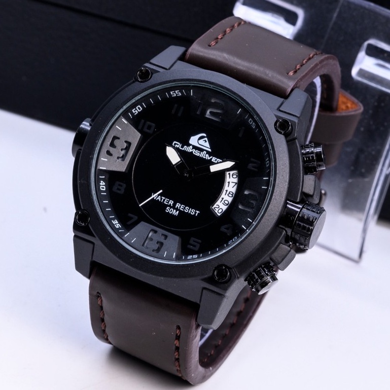 Grosiran Jam Tangan Pria Quicksilver Fashion QS 6709HB Analog Tali Kulit Tanggal Aktif Free Box &amp; Baterai || Quick Silver