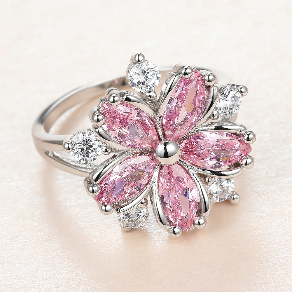 Cincin Wanita Desain Bunga Hias Batu Kristal Zircon Warna Pink Untuk Pernikahan