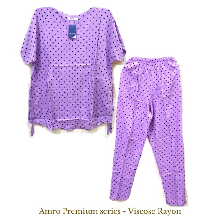 Piyama Amro Rayon Celana Panjang Full Kancing Busui berkerah tidak kerah one set babydoll XL M L cp