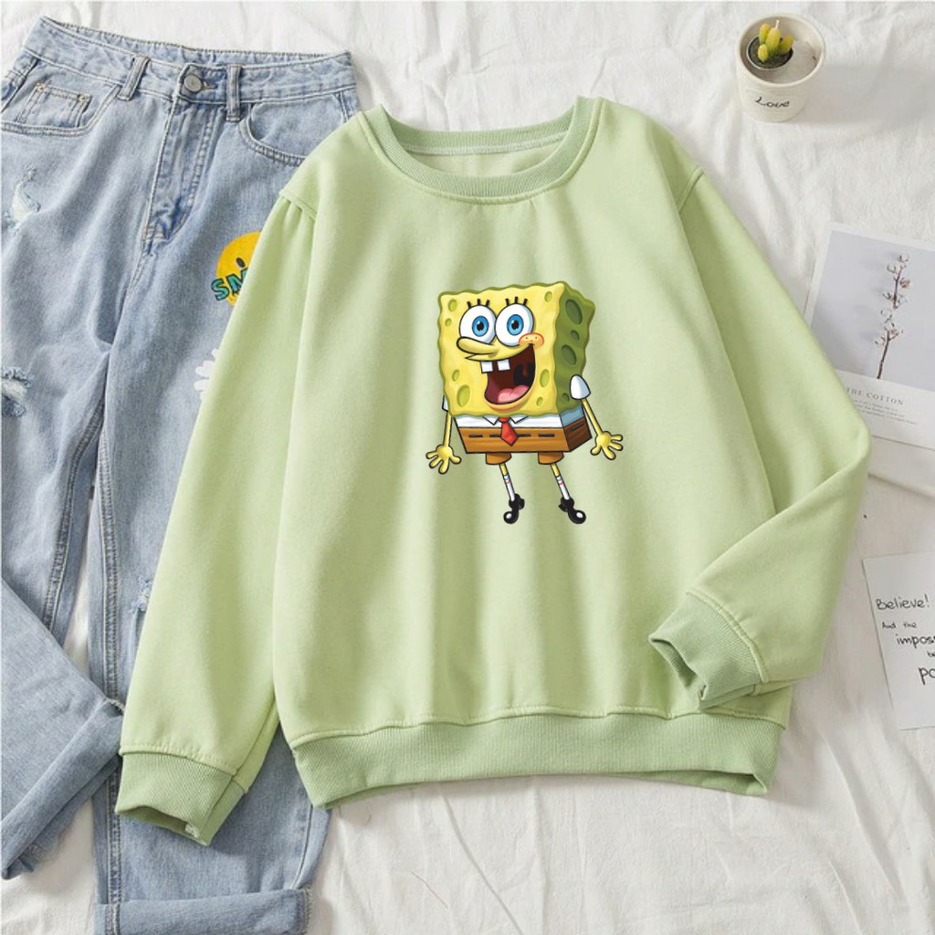 SPONGEBOB YOUNG GREEN SWEATER WANITA - CREWNECK TEBAL LUCU TERLARIS