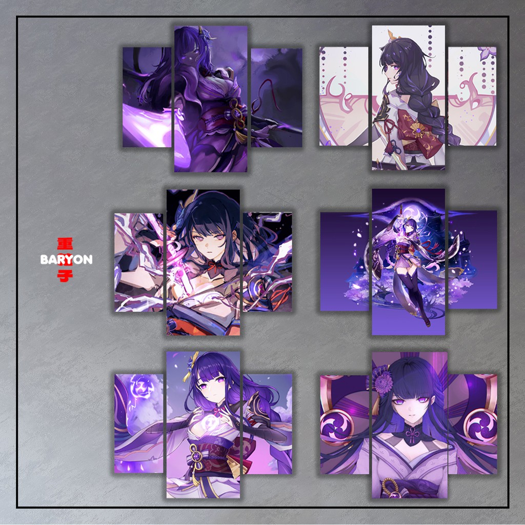 BARYON Wall Decor RAIDEN SHOGUN BAAL GENSHIN IMPACT  Hiasan Dinding 1 Set Poster Kayu Pajangan 3pcs
