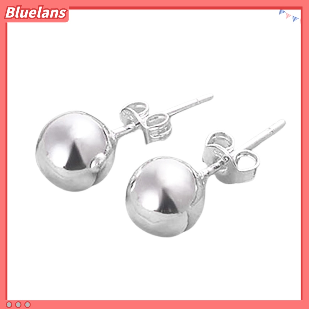 1 Pasang Anting Stud Bentuk Bola Bulat Bahan Stainless Steel Warna Silver Untuk Wanita