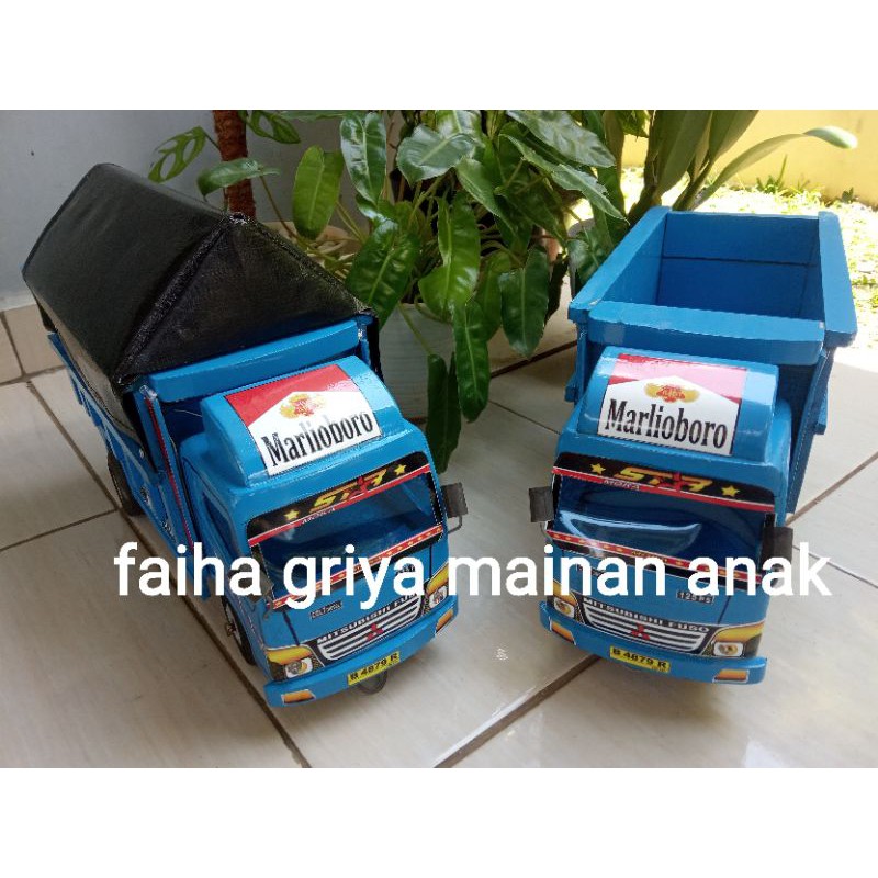 [ Ready Stock ] mainan mobil truck oleng kayu biru pakai terpal - truck oleng kayu