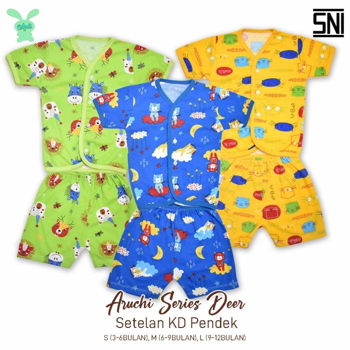 ARUCHI Stelan Pendek Kancing Depan Motif NB S M L 3 Stel