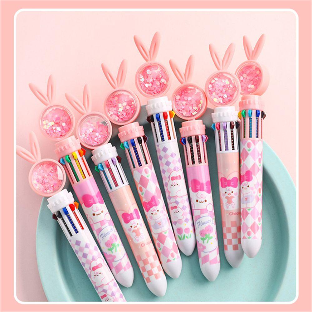 Lanfy Kartun Kelinci Pena Good-looking 0.38mm Sepuluh Warna Gaya Dorong Stationarys Pen 3D Pola Gel Pen