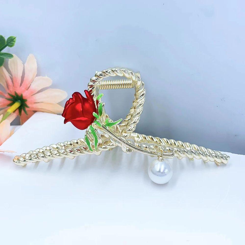 Needway   Perempuan Jepit Rambut Trendi Retro Mutiara Mawar Besar Bagian Belakang Kepala Hair Crab Clip