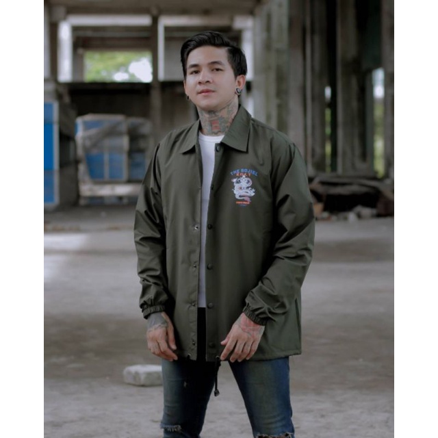 jaket coach pria wanita parasut, hijau army allsize M fit L