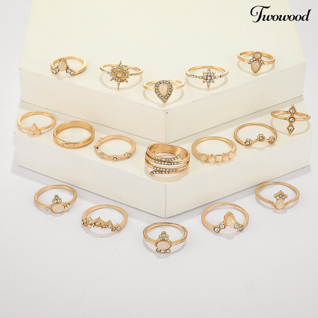 17pcs / Set Cincin Jari Permata Berlian Imitasi Gaya Bohemian Untuk Wanita