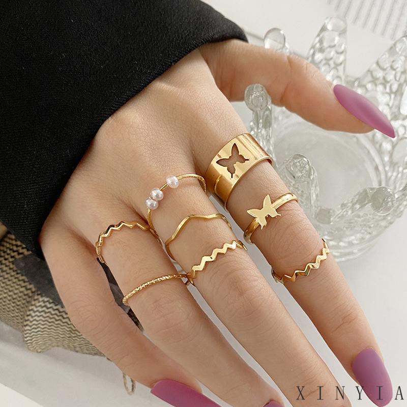 8pcs Cincin Model Terbuka Adjustable Desain Kupu-Kupu Gelombang