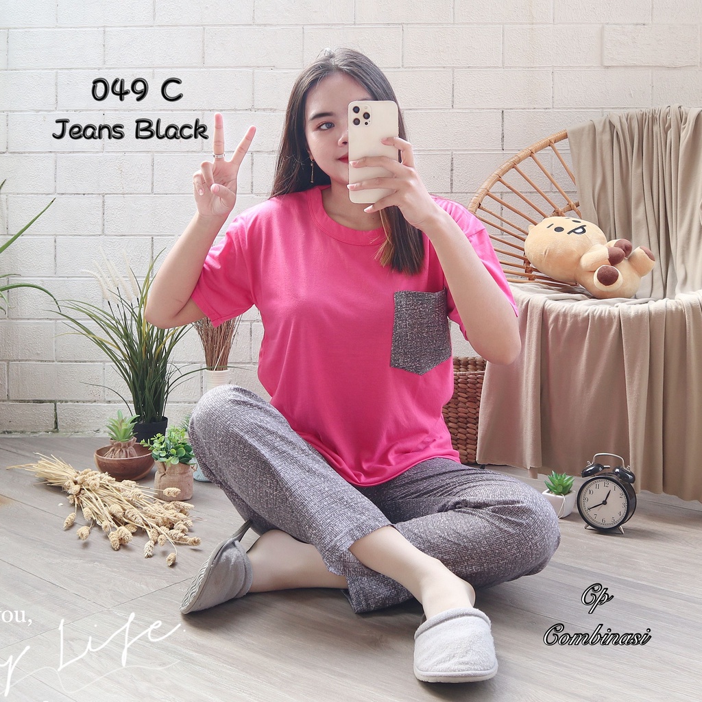 IZANY Piyama Dewasa CP Oblong Kaos Celana Panjang Rayon Fit to XL-049 C JEANS BLACK
