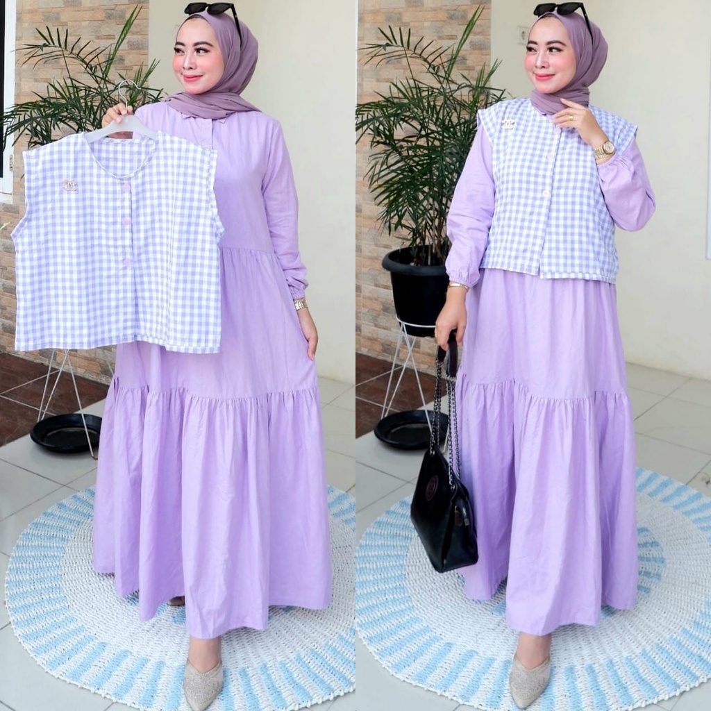QF. Gamis plust rompi motif kotak 889/ Gamis lebaran / gamis rompi terbaru // gamis kekinian // gami
