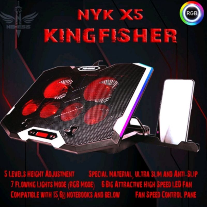 cooling pad laptop Nyk X-5  Kingfisher 6 fan RGB+holder Hp nyk original