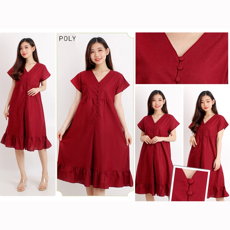 Poly Dress Wanita Merah Ruffle CNY Imlek Cheongsam Qipao Katun Linen Rami Gaun Terusan Busui Aline Midi Skirt